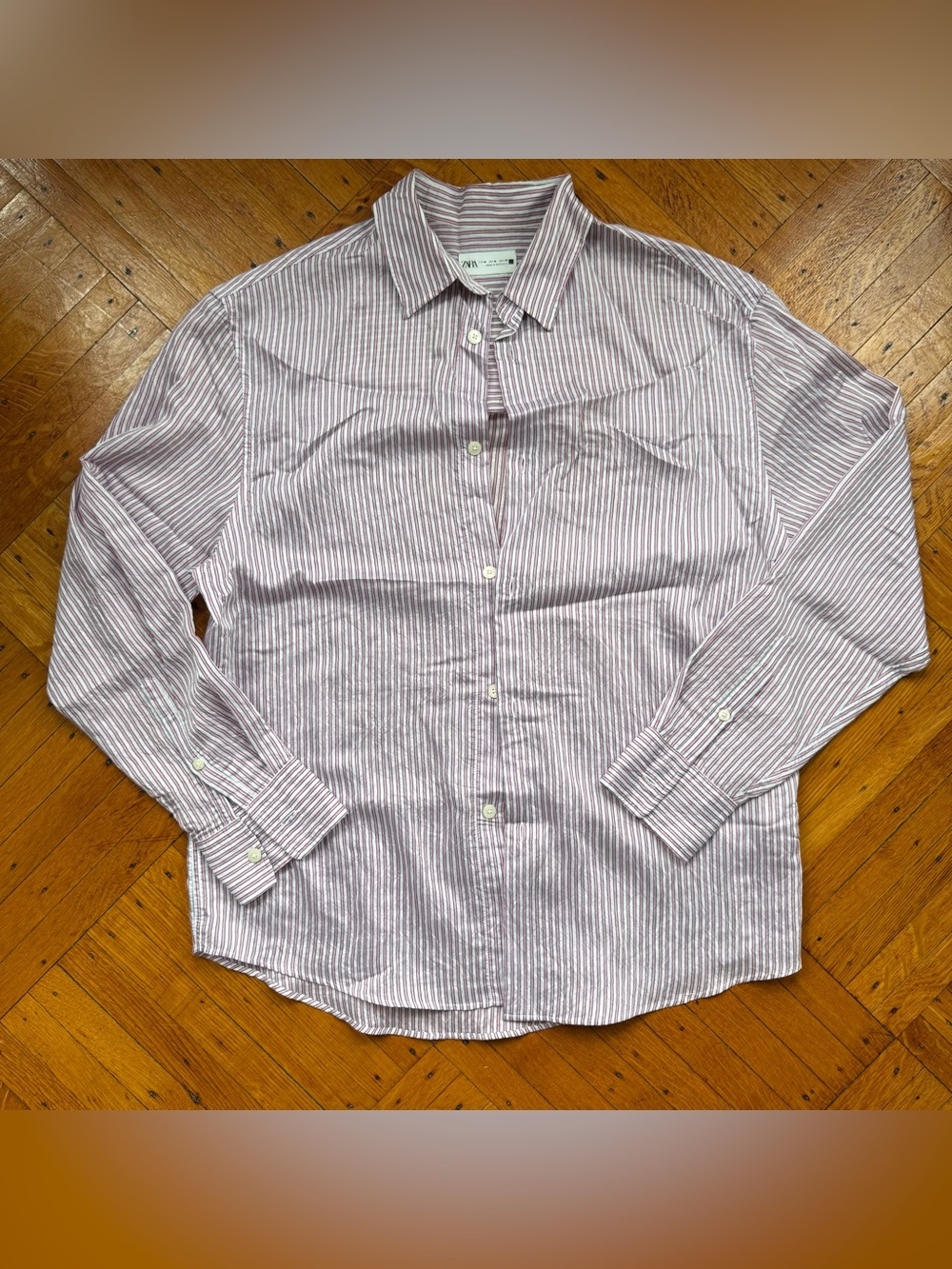 Zara Men's Red/White Striped Button-Up Shirt